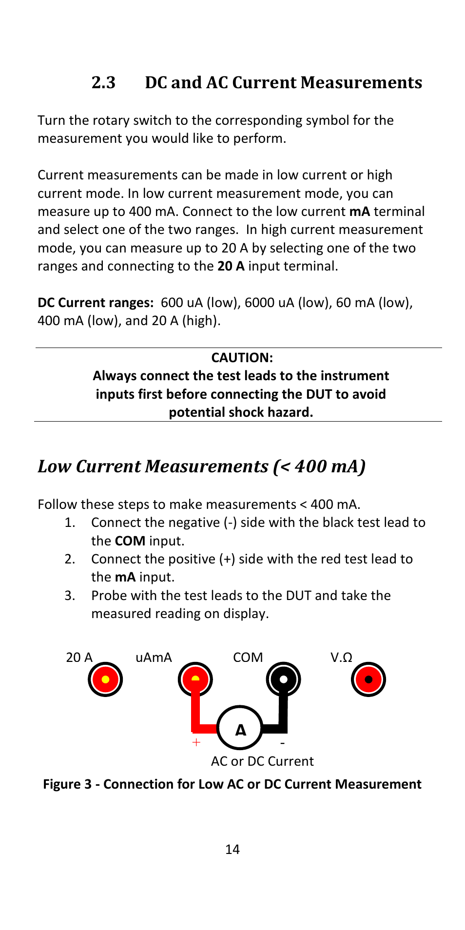 3 dc and ac current measurements, Low current measurements (< 400 ma) | B&K Precision 393 - Manual User Manual | Page 14 / 31