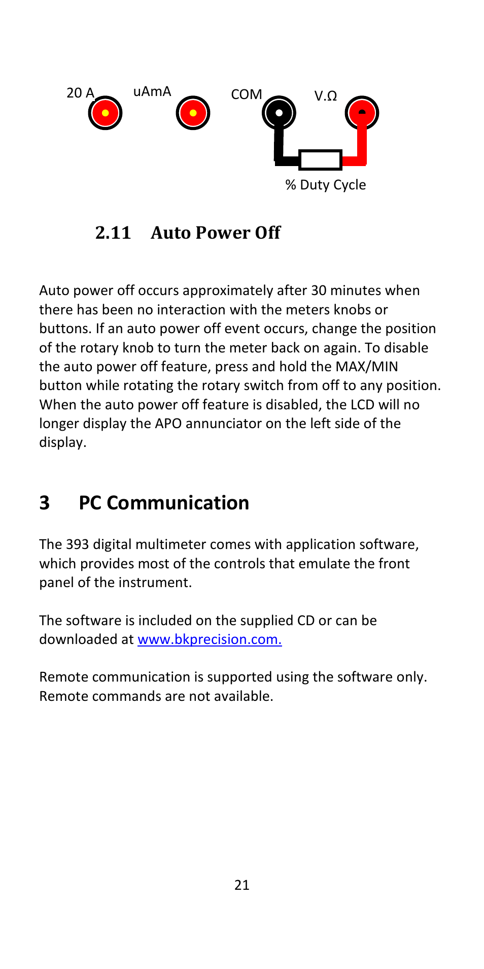 11 auto power off, 3 pc communication, 3pc communication | B&K Precision 393 - Manual User Manual | Page 21 / 31