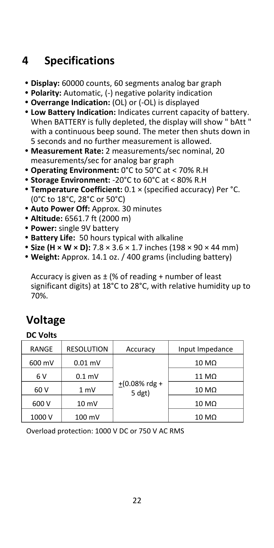 4 specifications, 4specifications, Voltage | B&K Precision 393 - Manual User Manual | Page 22 / 31