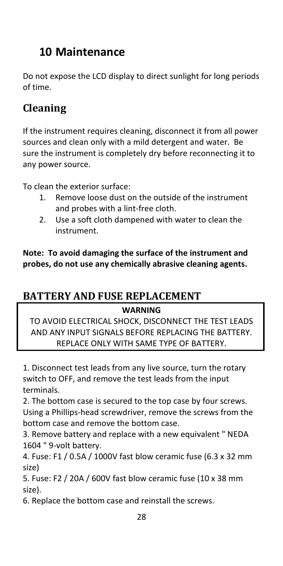 10 maintenance, Cleaning, Battery and fuse replacement | B&K Precision 393 - Manual User Manual | Page 28 / 31