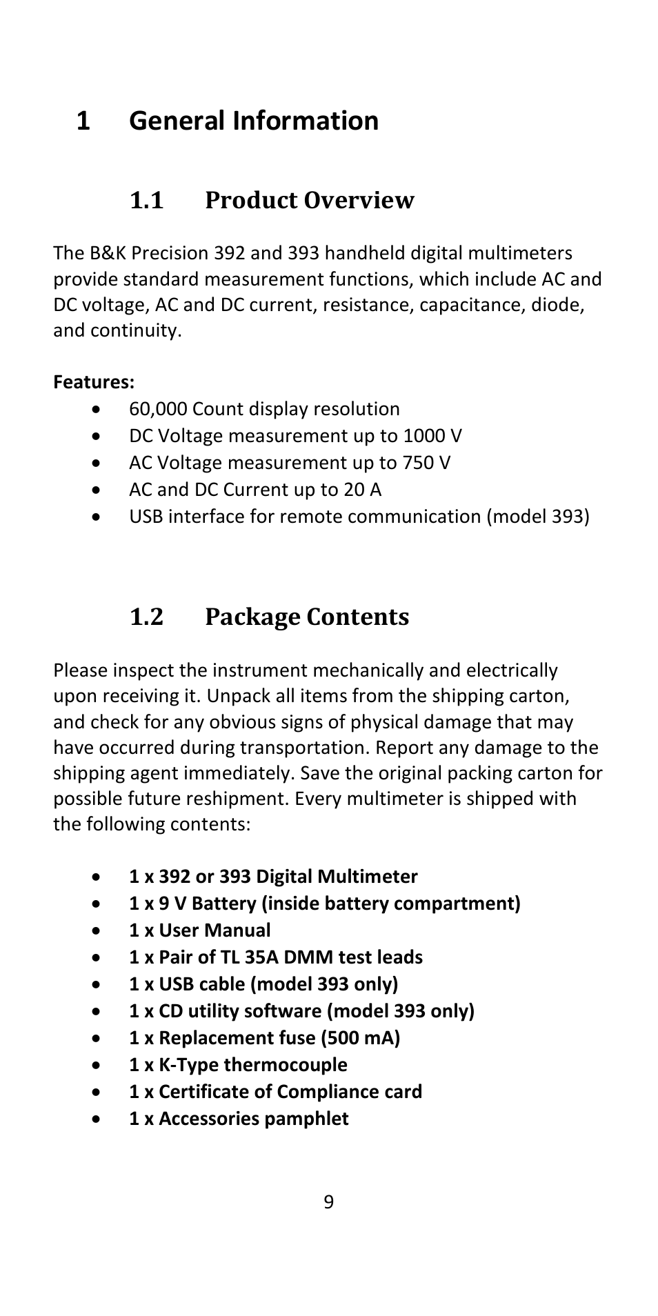 1 general information, 1 product overview, 2 package contents | 1general information | B&K Precision 393 - Manual User Manual | Page 9 / 31