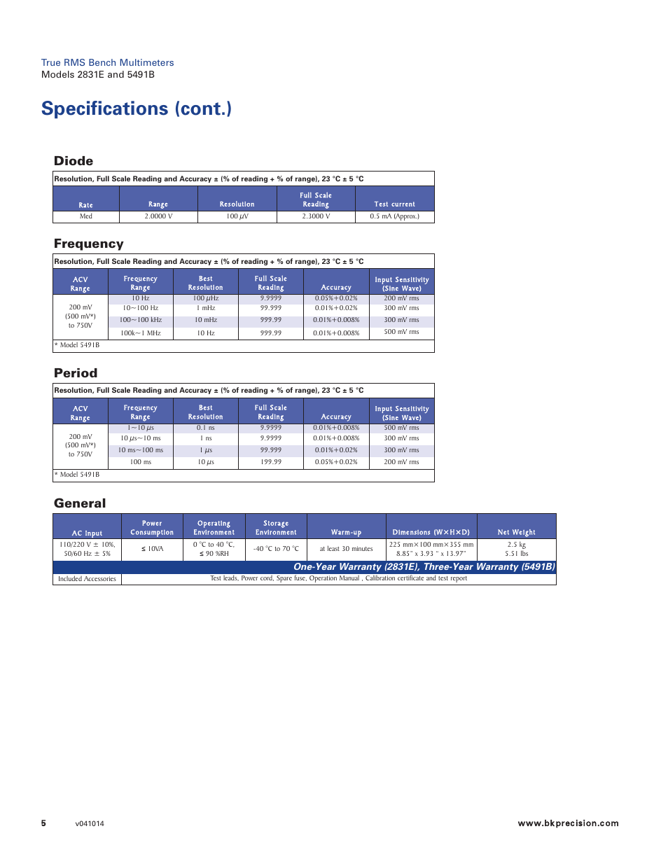 Specifications (cont.), Diode, General | Frequency, Period | B&K Precision 5491B - Datasheet User Manual | Page 5 / 5