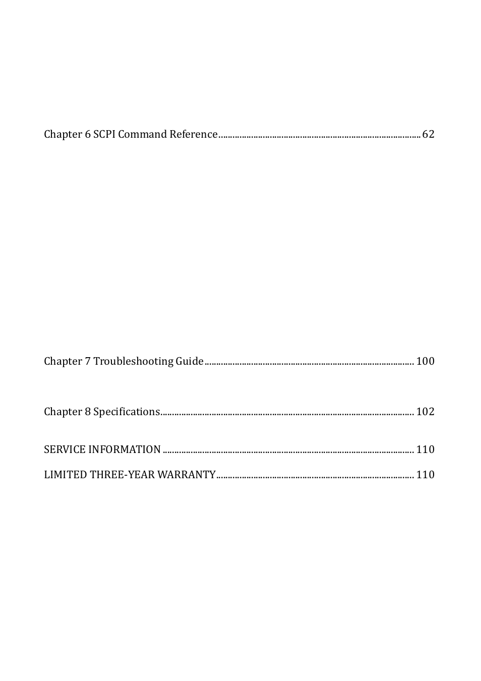 Chapter 6 scpi command reference, Chapter 7 troubleshooting guide, Chapter 8 specifications | Service information, Limited three-year warranty | B&K Precision 5492BGPIB - Manual User Manual | Page 8 / 111