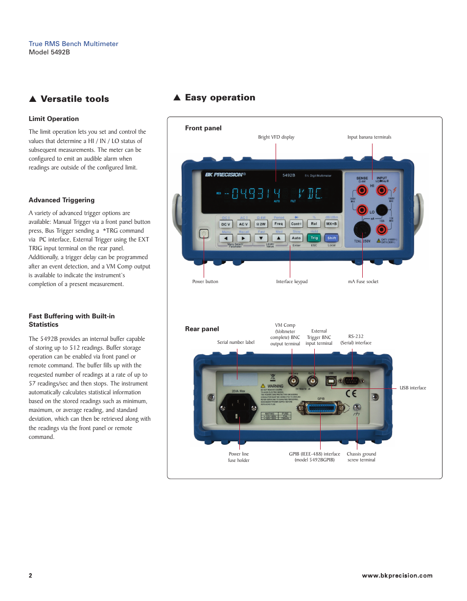 Versatile tools, Easy operation | B&K Precision 5492BGPIB - Datasheet User Manual | Page 2 / 5