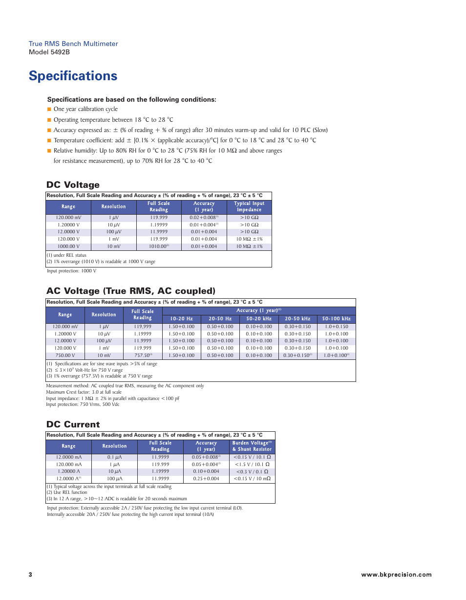 Specifications, Dc voltage ac voltage (true rms, ac coupled), Dc current | B&K Precision 5492BGPIB - Datasheet User Manual | Page 3 / 5