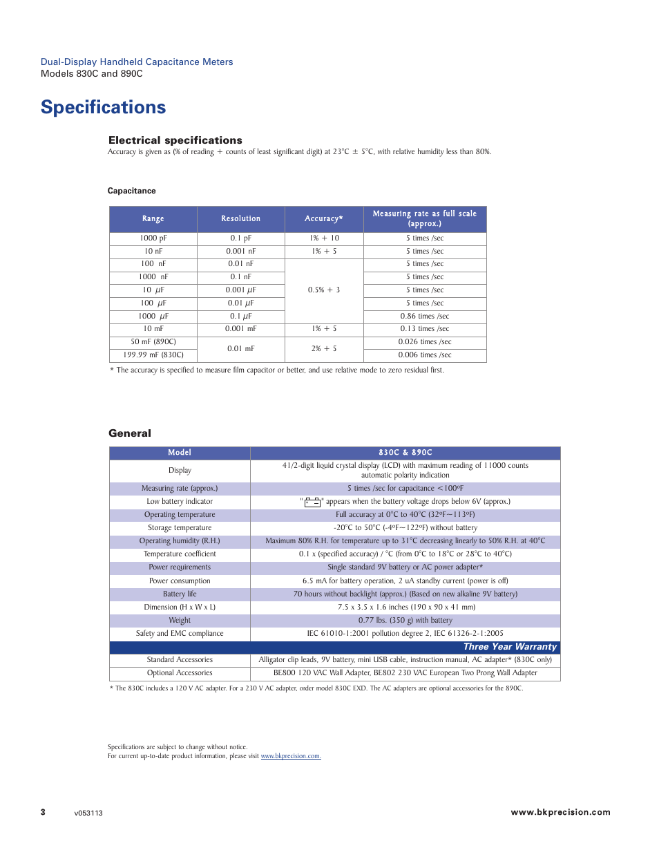 Specifications | B&K Precision 830C - Datasheet User Manual | Page 3 / 3