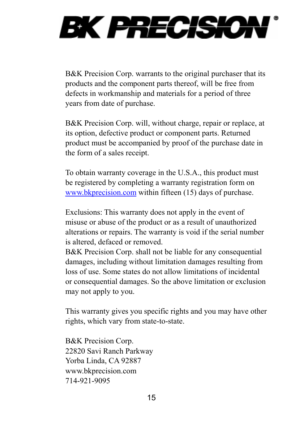 Limited three-year warranty | B&K Precision 875B - Manual User Manual | Page 17 / 37