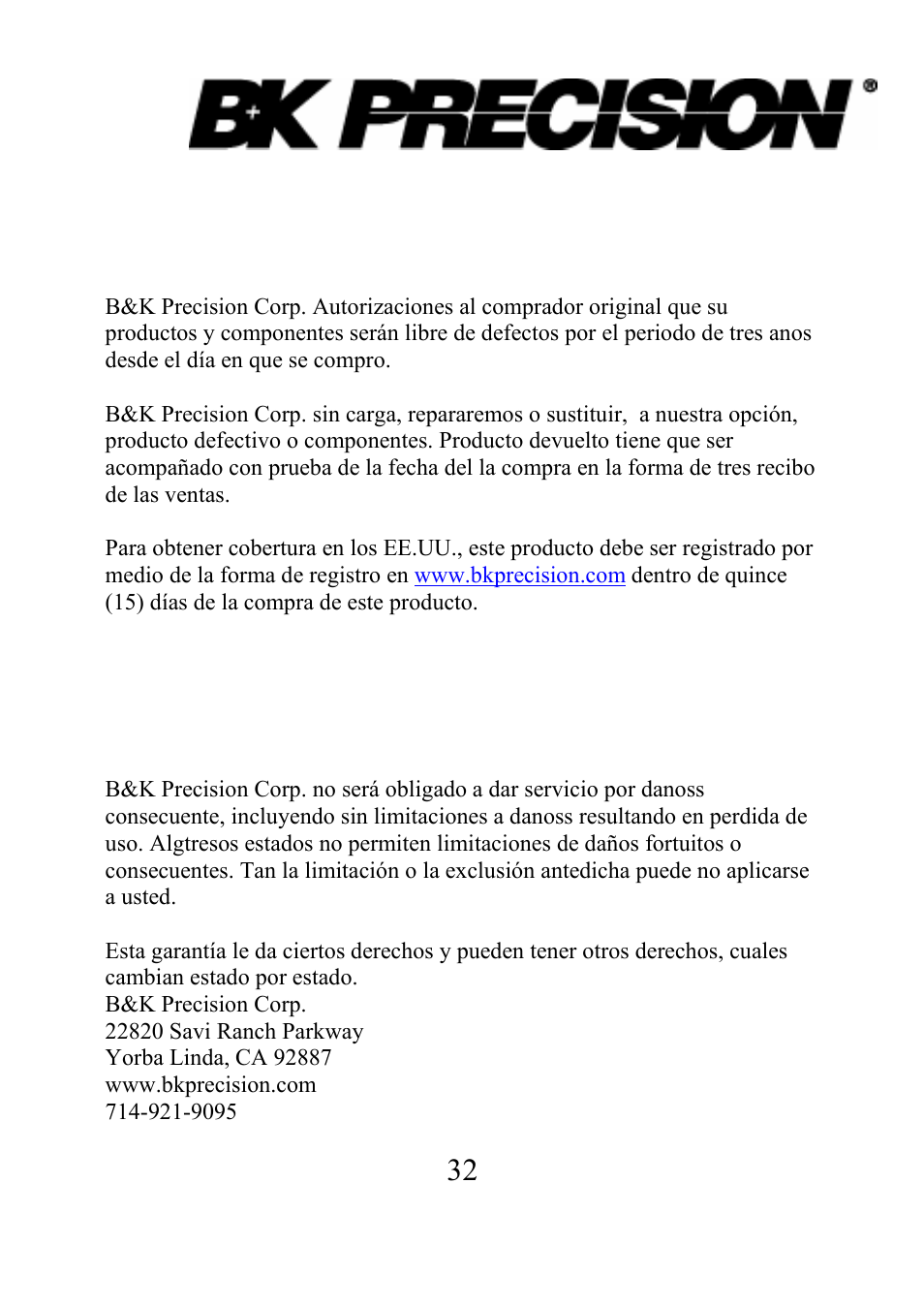 Garantía limitada de tres anos | B&K Precision 875B - Manual User Manual | Page 34 / 37