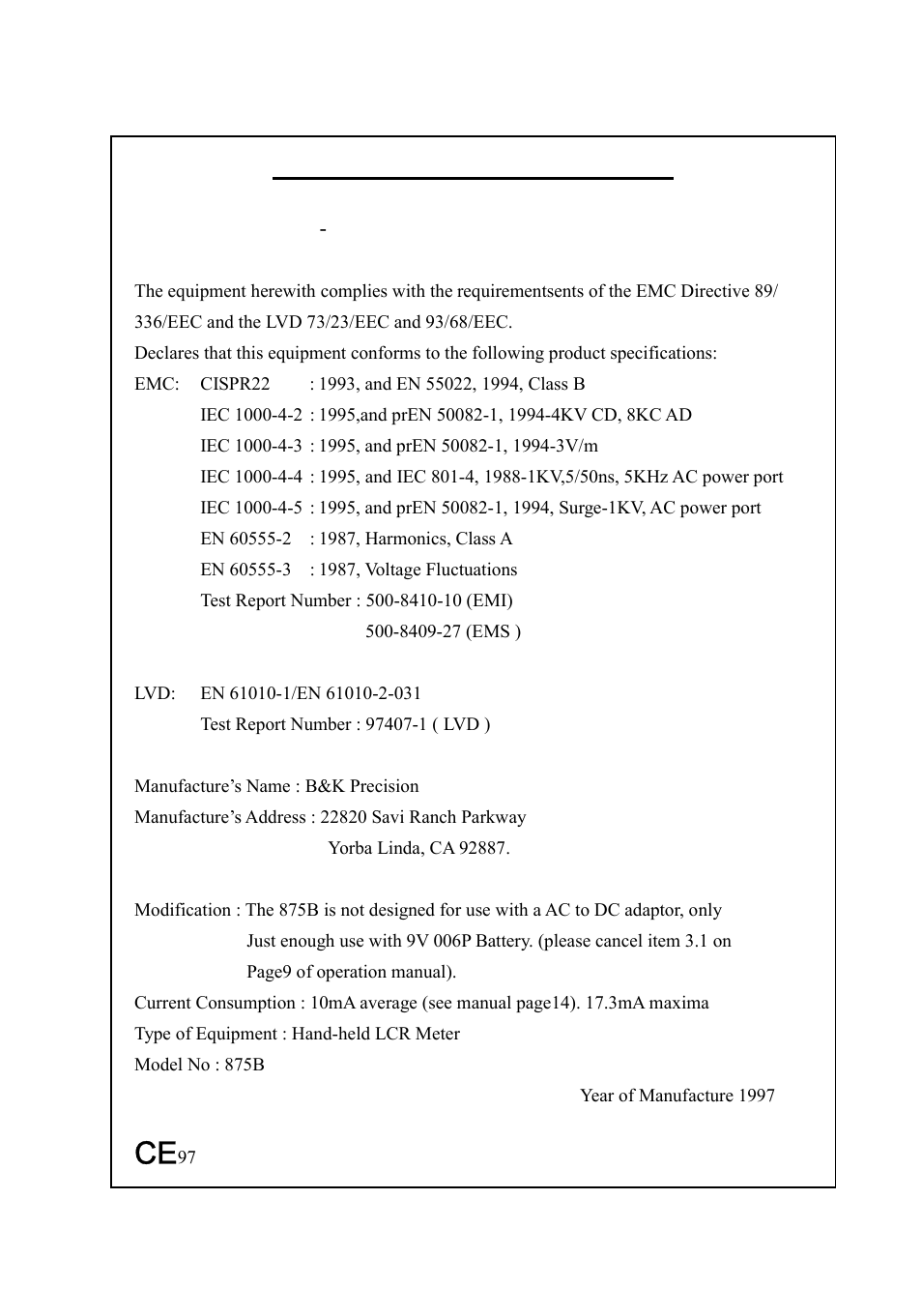 Ec declaration of conformity | B&K Precision 875B - Manual User Manual | Page 36 / 37