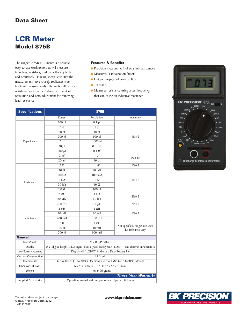 B&K Precision 875B - Datasheet User Manual | 1 page