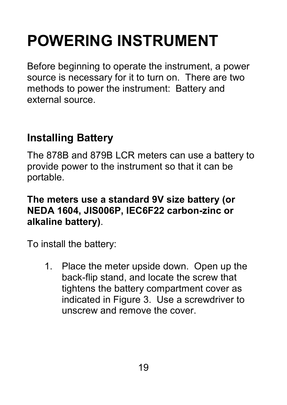 Powering instrument, Installing battery | B&K Precision 879B - Manual User Manual | Page 21 / 104