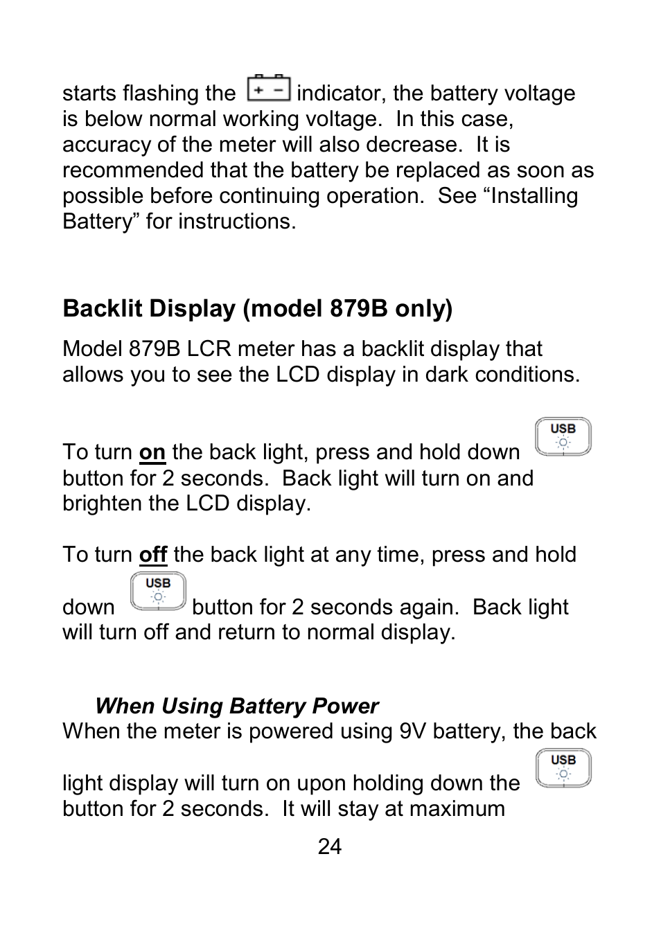 Backlit display (model 879b only), When using battery power | B&K Precision 879B - Manual User Manual | Page 26 / 104