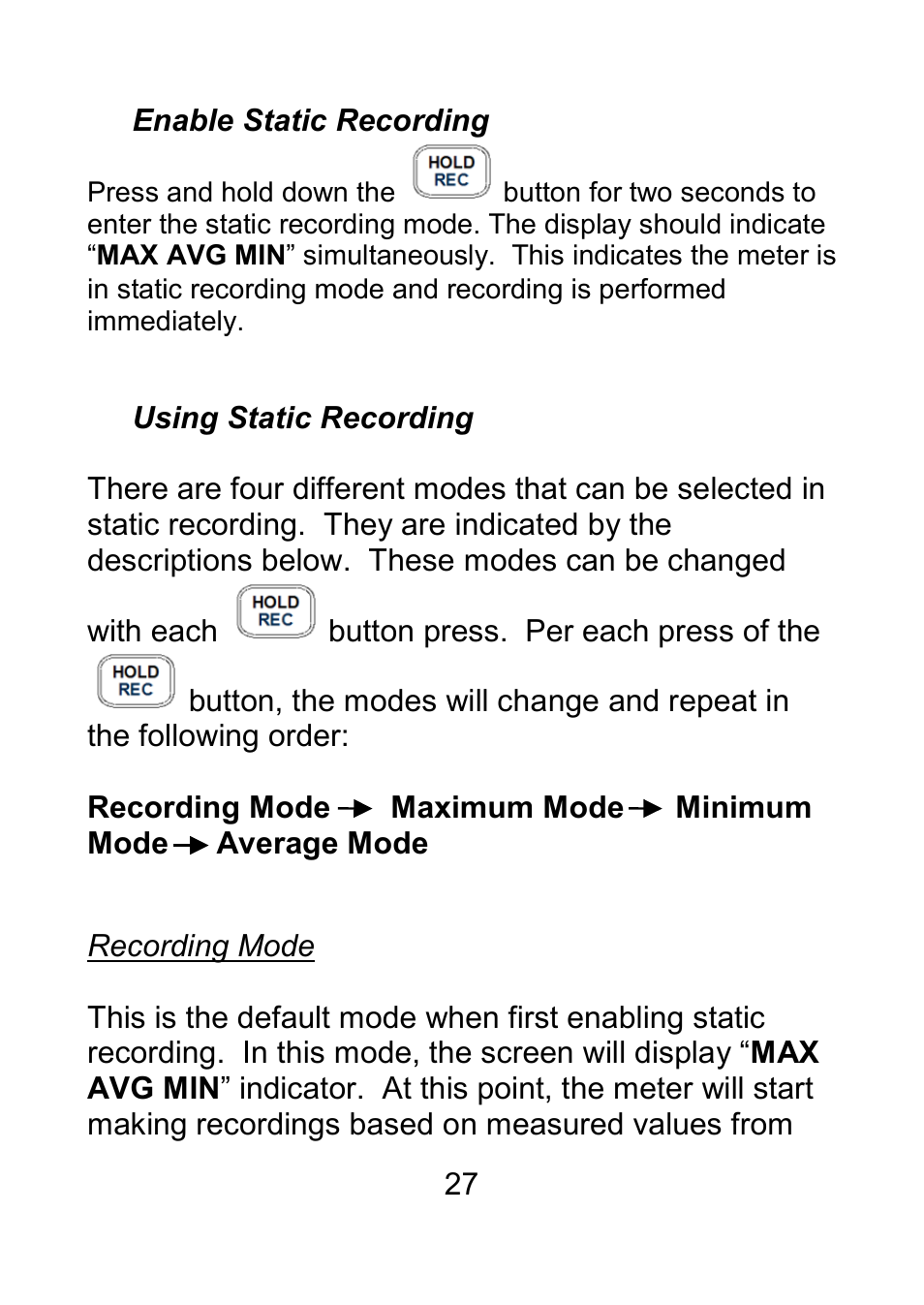 Enable static recording, Using static recording, Recording mode | B&K Precision 879B - Manual User Manual | Page 29 / 104