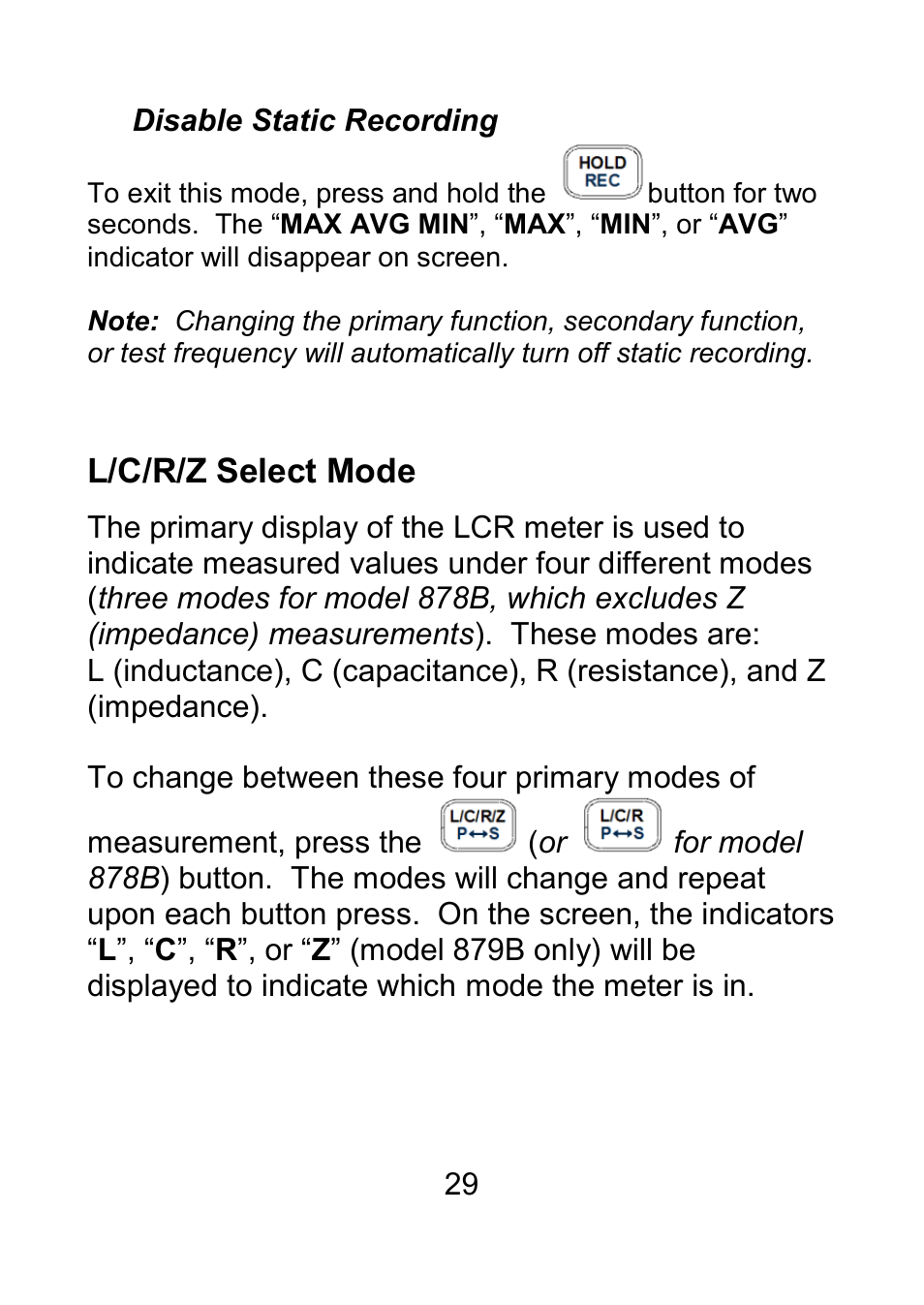 Disable static recording, L/c/r/z select mode | B&K Precision 879B - Manual User Manual | Page 31 / 104