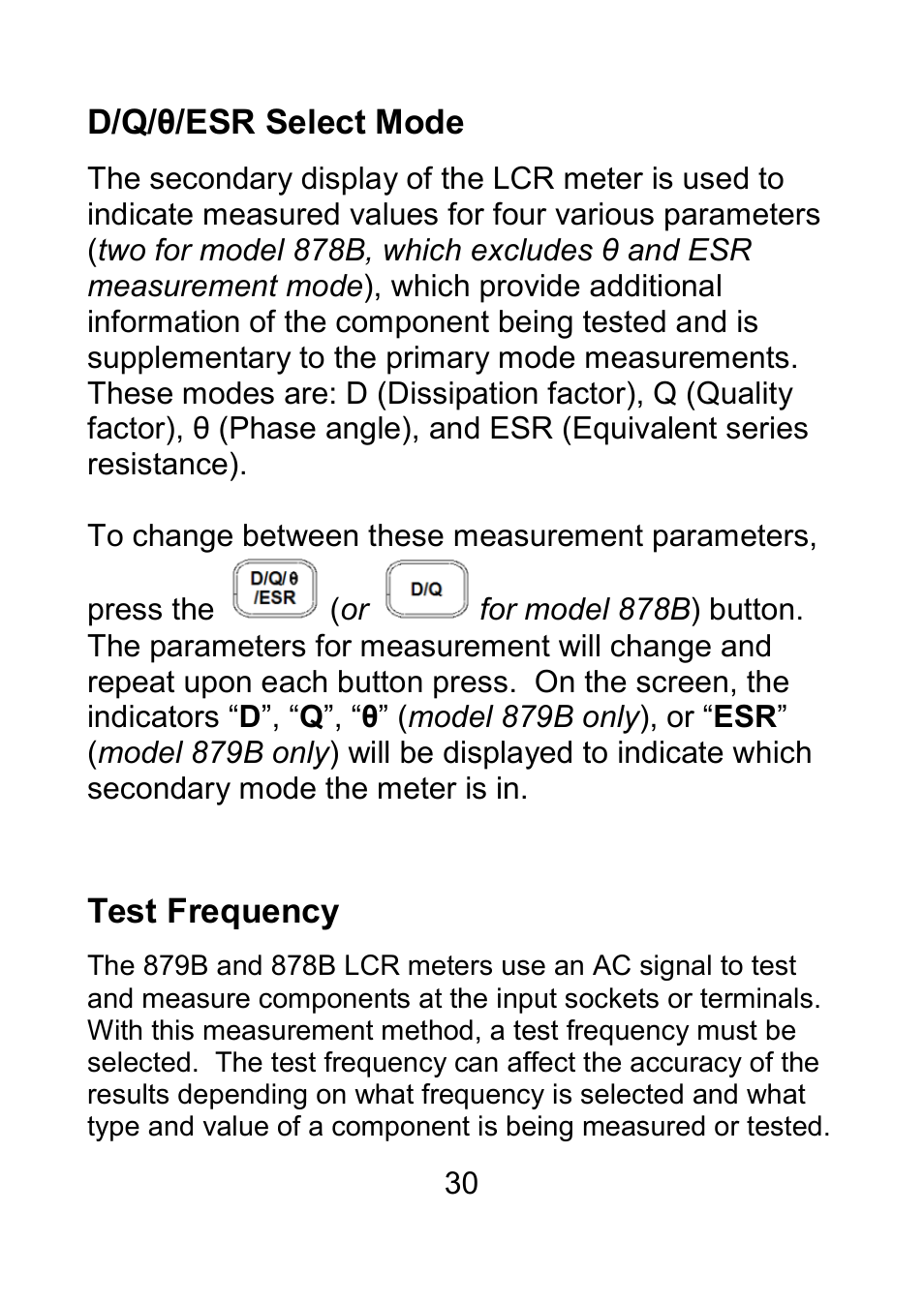 D/q/θ/esr select mode, Test frequency | B&K Precision 879B - Manual User Manual | Page 32 / 104
