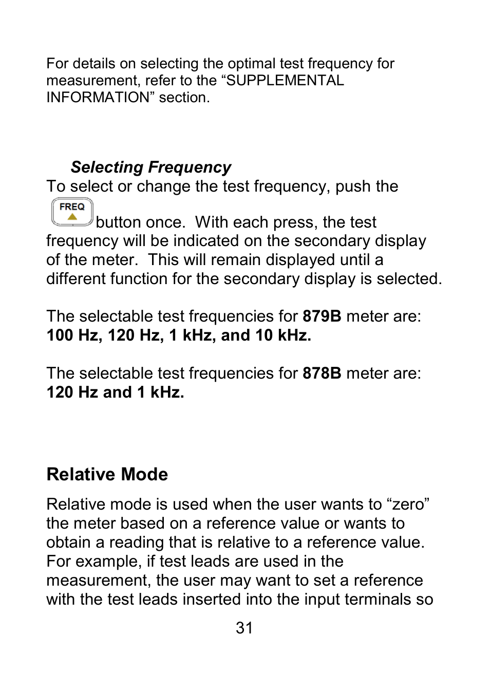 Selecting frequency, Relative mode | B&K Precision 879B - Manual User Manual | Page 33 / 104