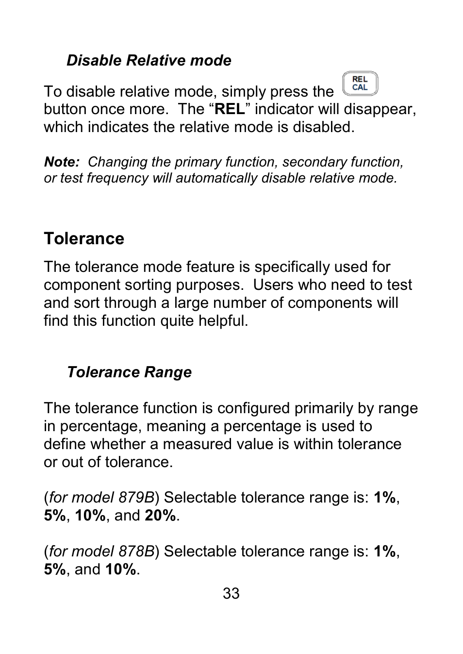 Disable relative mode, Tolerance, Tolerance range | B&K Precision 879B - Manual User Manual | Page 35 / 104