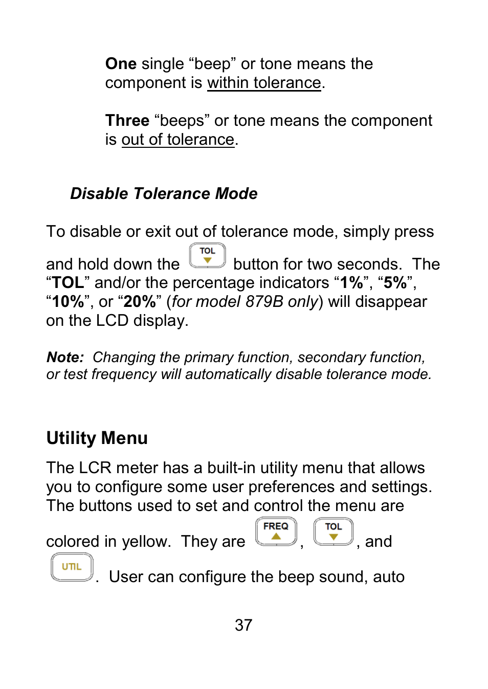 Disable tolerance mode, Utility menu | B&K Precision 879B - Manual User Manual | Page 39 / 104