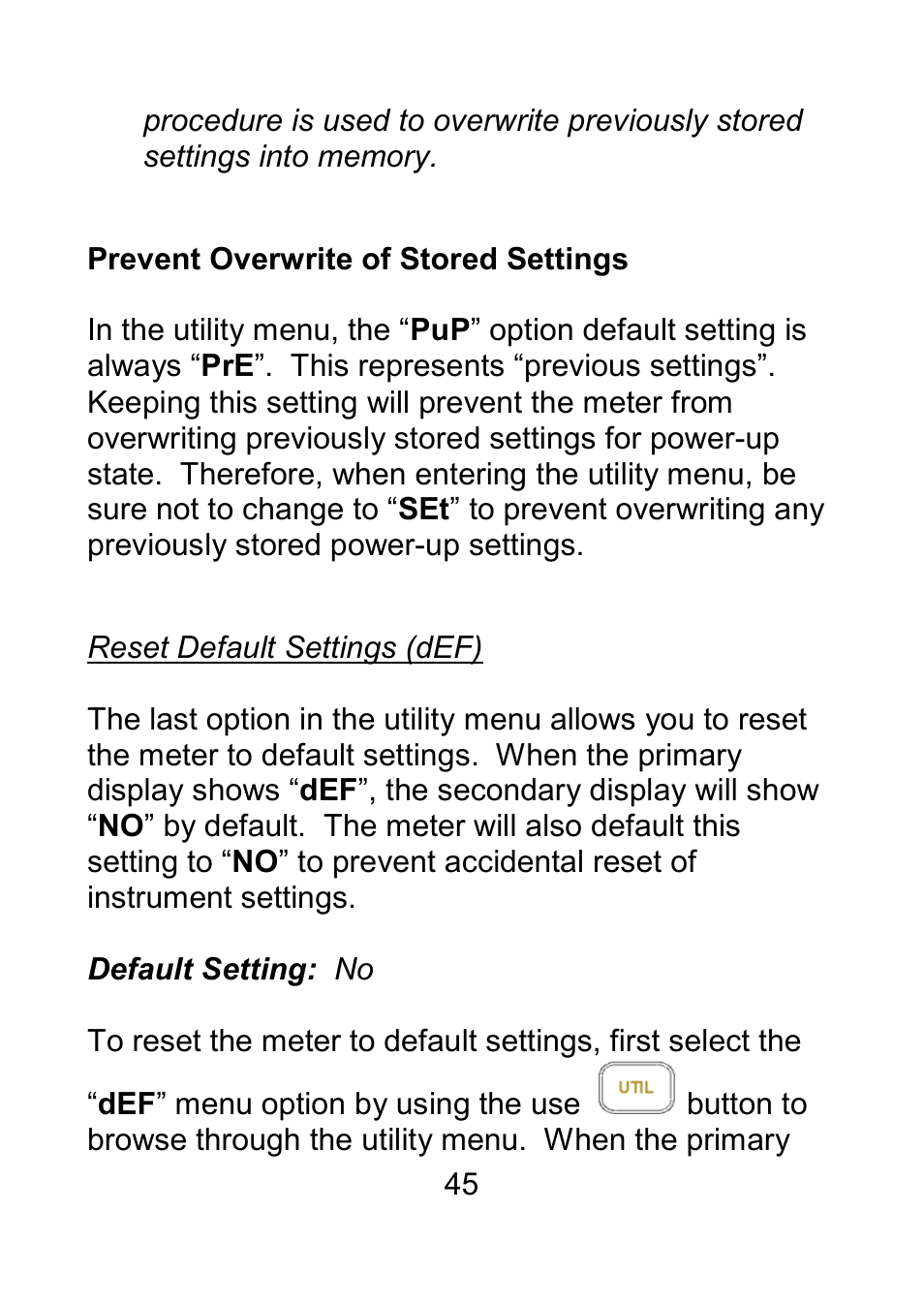 Prevent overwrite of stored settings, Reset default settings (def) | B&K Precision 879B - Manual User Manual | Page 47 / 104