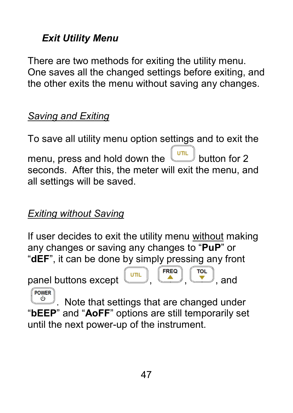 Exit utility menu, Saving and exiting, Exiting without saving | B&K Precision 879B - Manual User Manual | Page 49 / 104