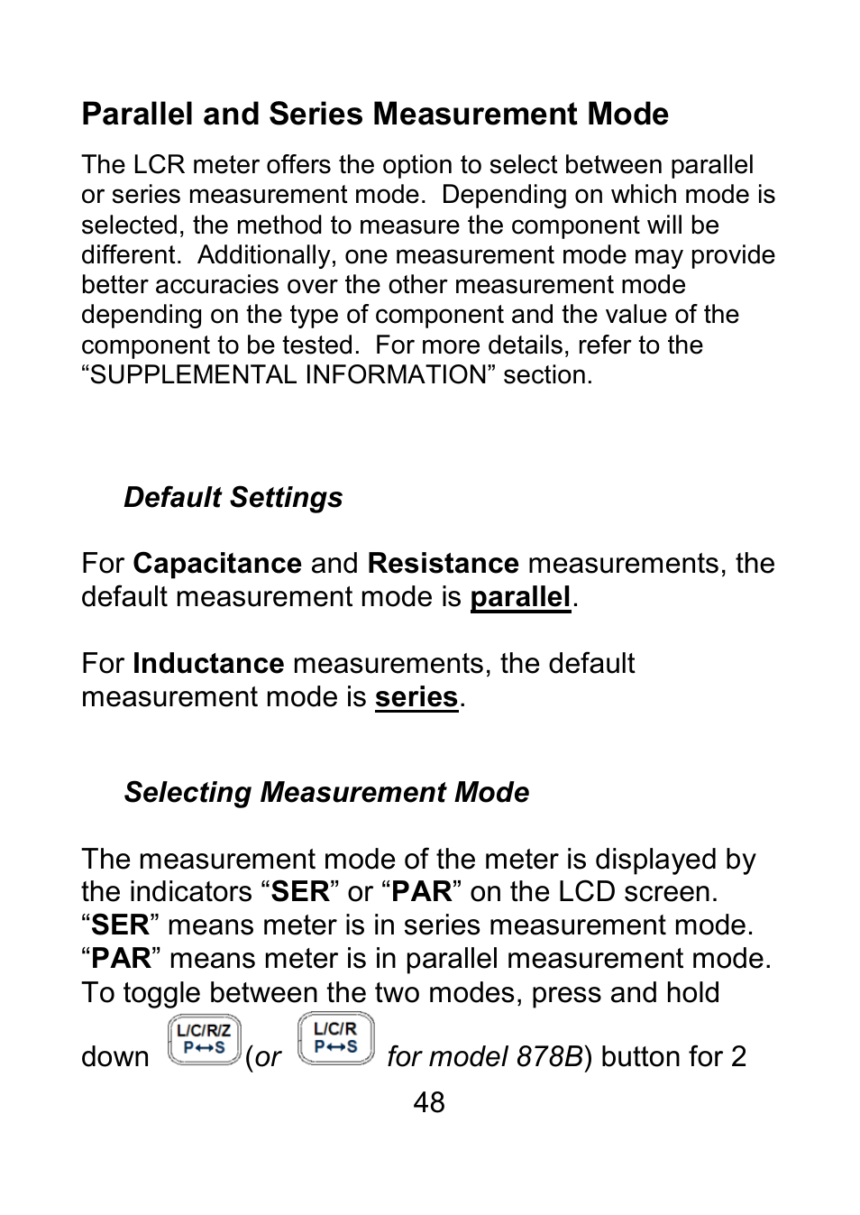 Parallel and series measurement mode, Default settings, Selecting measurement mode | B&K Precision 879B - Manual User Manual | Page 50 / 104