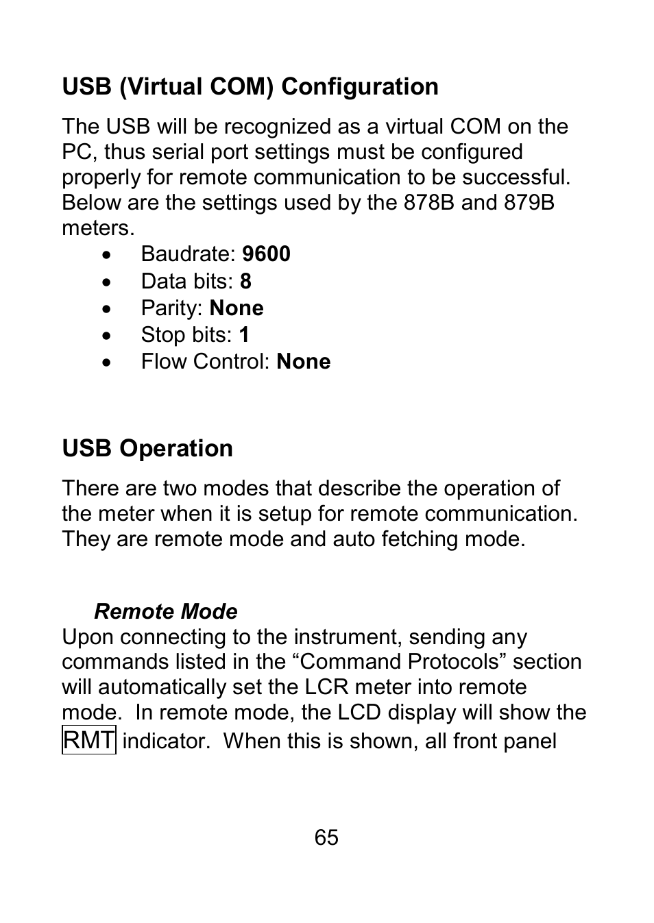 Usb (virtual com) configuration, Usb operation, Remote mode | B&K Precision 879B - Manual User Manual | Page 67 / 104