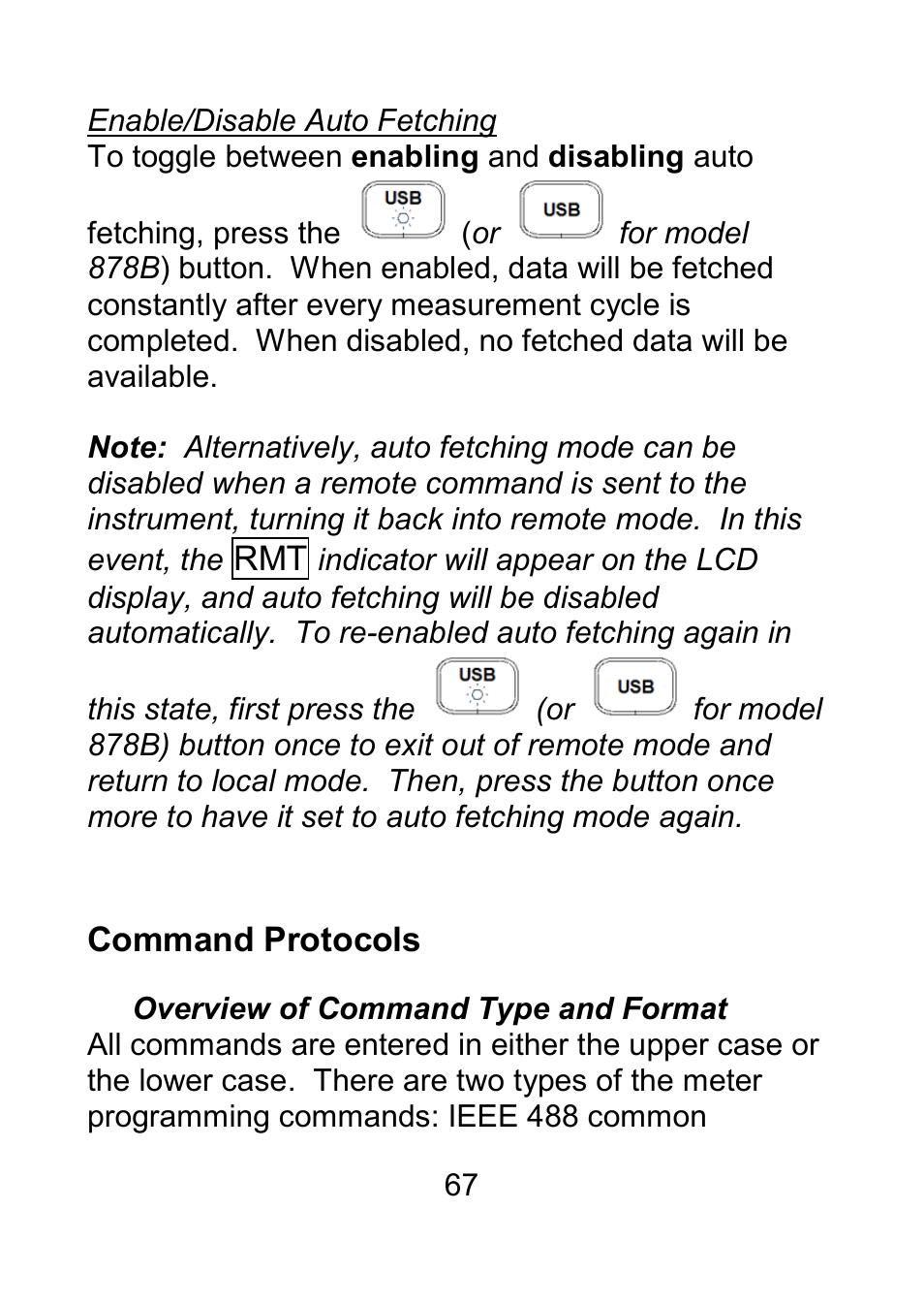 Enable/disable auto fetching, Command protocols, Overview of command type and format | B&K Precision 879B - Manual User Manual | Page 69 / 104