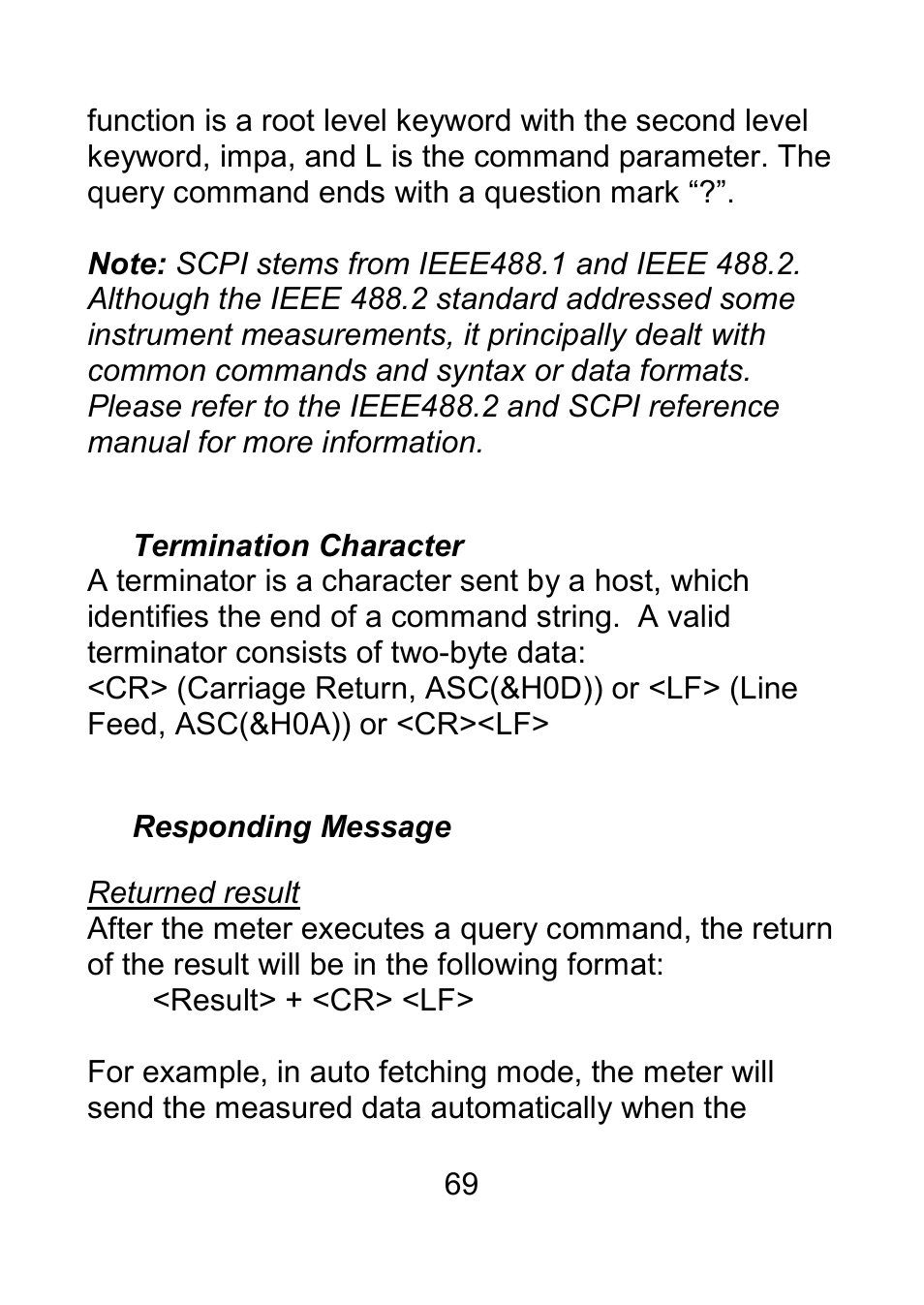 Termination character, Responding message, Returned result | B&K Precision 879B - Manual User Manual | Page 71 / 104