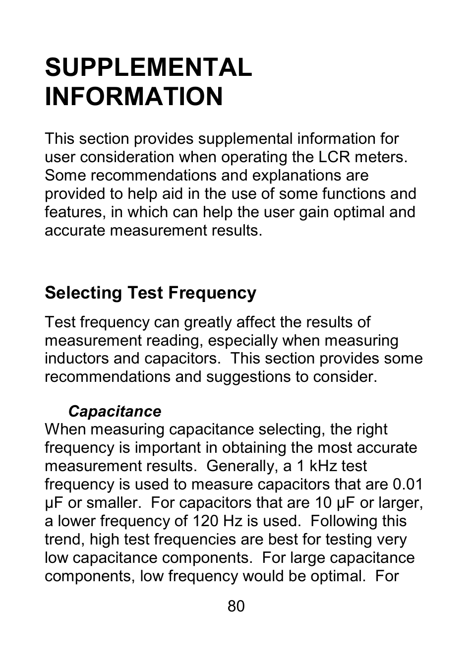 Supplemental information, Selecting test frequency, Capacitance | B&K Precision 879B - Manual User Manual | Page 82 / 104