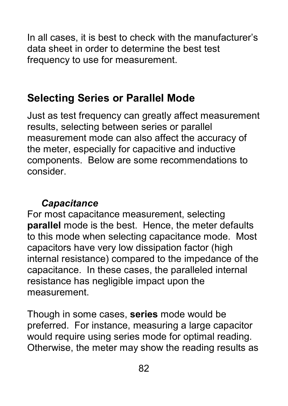 Selecting series or parallel mode, Capacitance | B&K Precision 879B - Manual User Manual | Page 84 / 104