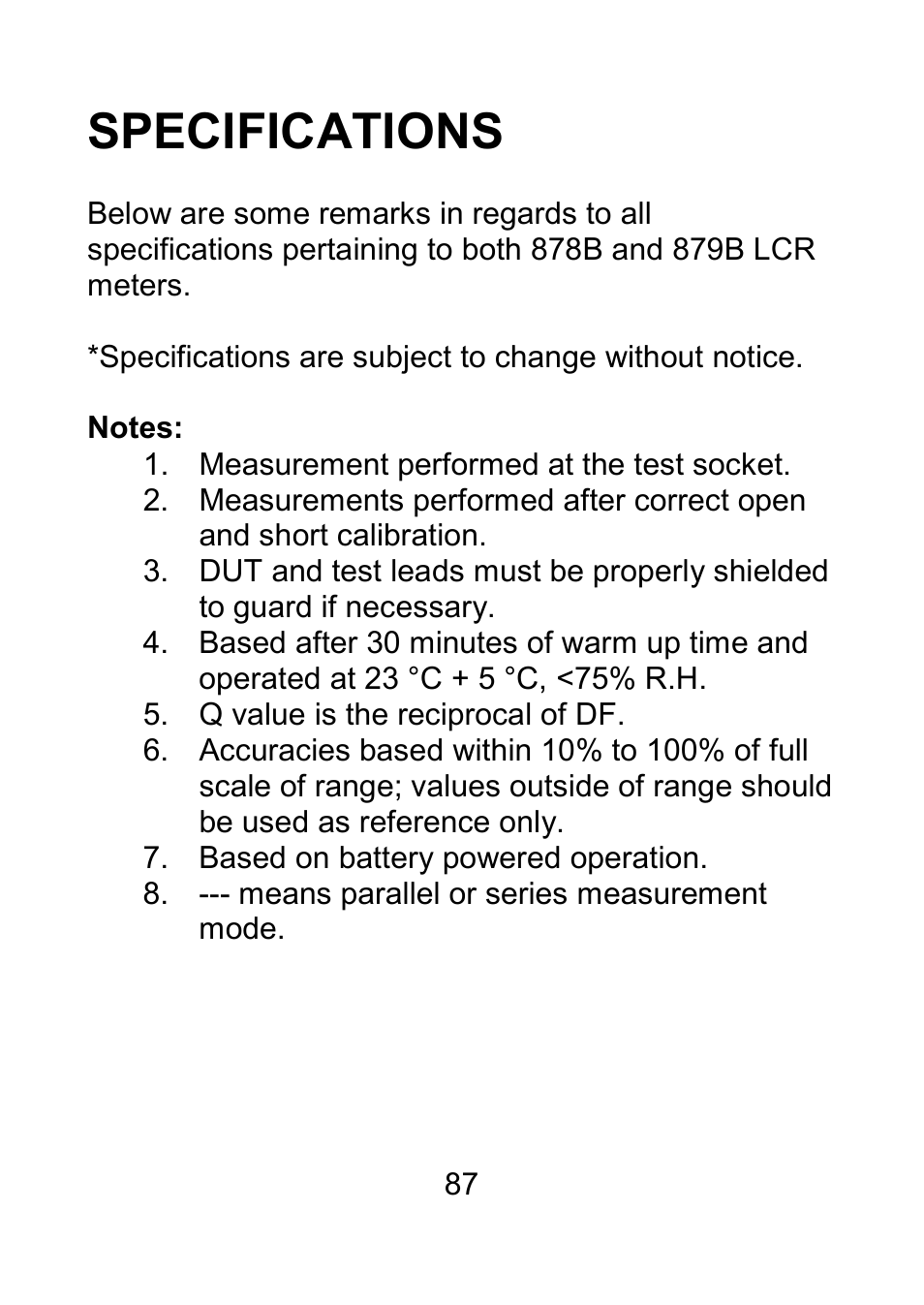 Specifications | B&K Precision 879B - Manual User Manual | Page 89 / 104