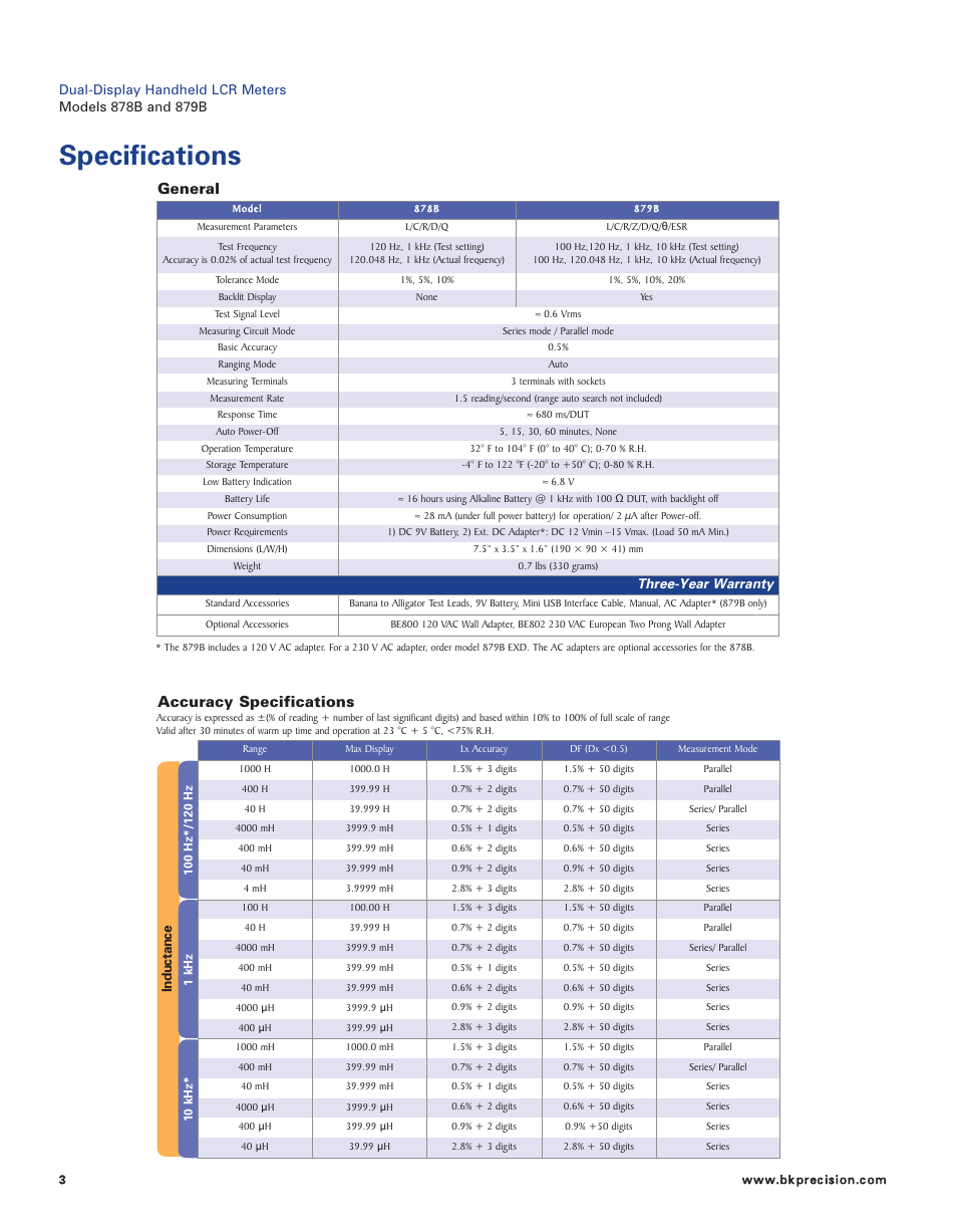 Specifications, Accuracy specifications, General | B&K Precision 879B - Datasheet User Manual | Page 3 / 4