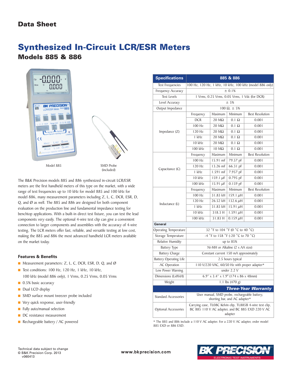 B&K Precision 886 - Datasheet User Manual | 1 page