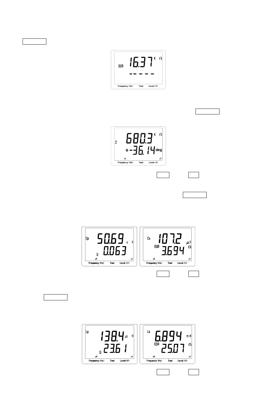 4 dc resistance measurement, 5 ac impedance measurement, 6 capacitance measurement | 7 inductance measurement, Dc resistance measurement, Ac impedance measurement, Capacitance measurement, Inductance measurement | B&K Precision 889B - Manual User Manual | Page 17 / 35