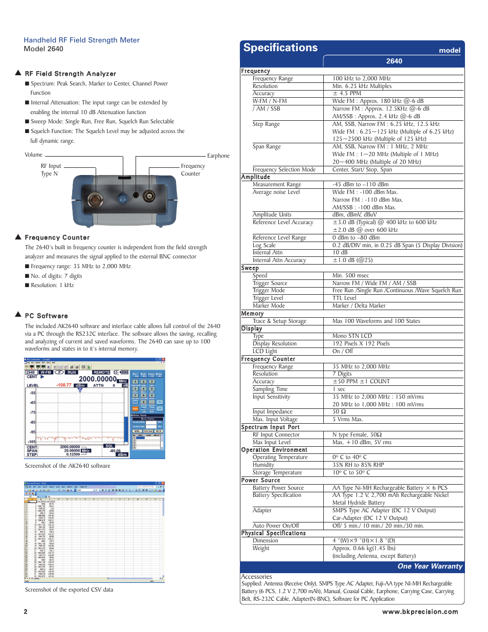 Specifications | B&K Precision 2640 - Datasheet User Manual | Page 2 / 2