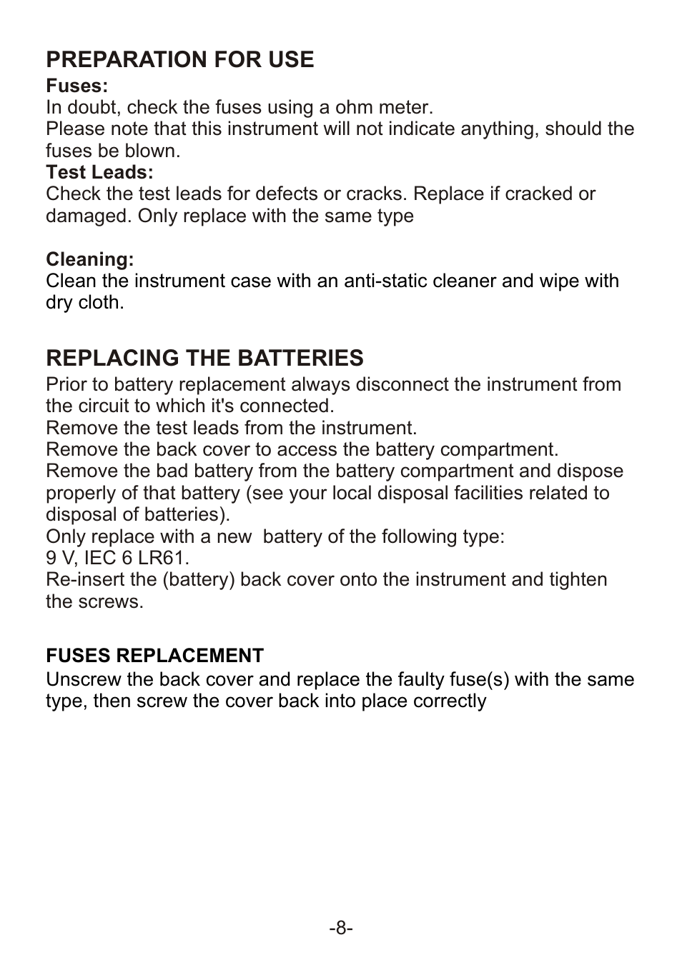 Preparation for use, Replacing the batteries, Specifications | B&K Precision 302 - Manual User Manual | Page 10 / 16