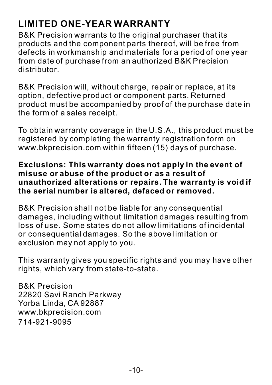 Service information, Limited one-year warranty | B&K Precision 302 - Manual User Manual | Page 12 / 16