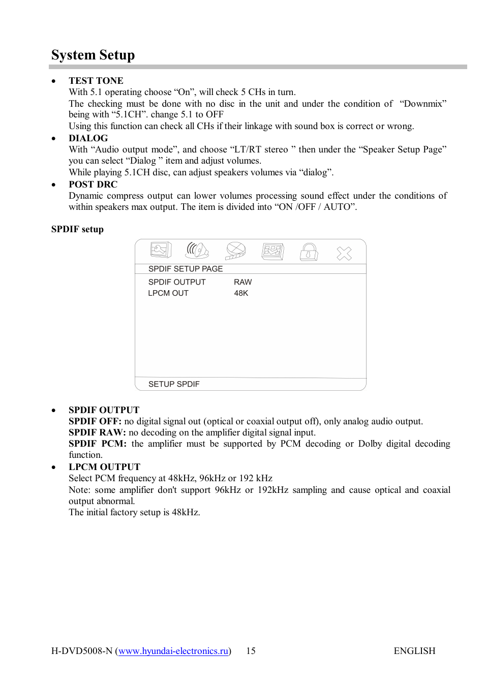 System setup | Hyundai H-DVD5008-N User Manual | Page 15 / 27