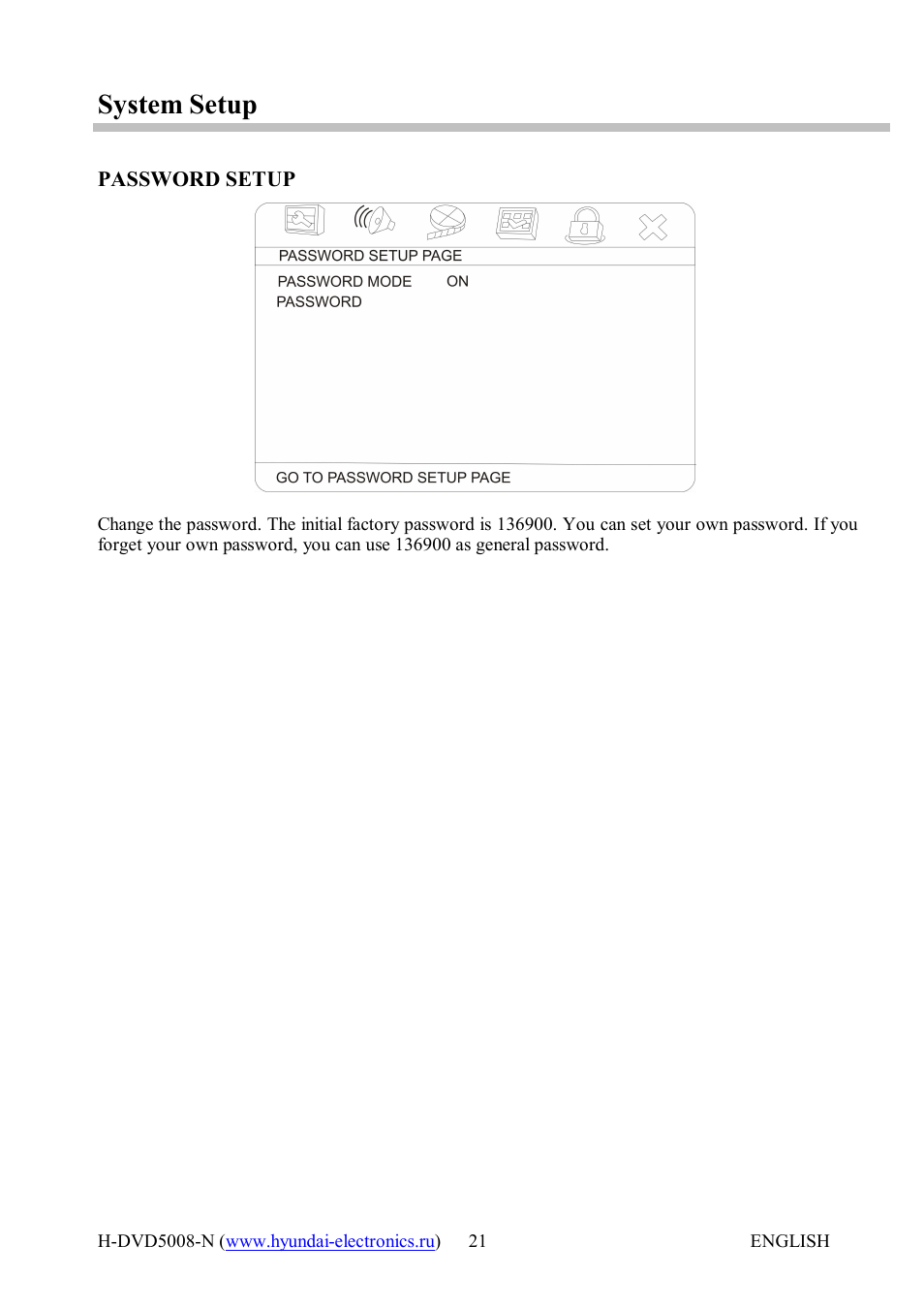 System setup | Hyundai H-DVD5008-N User Manual | Page 21 / 27