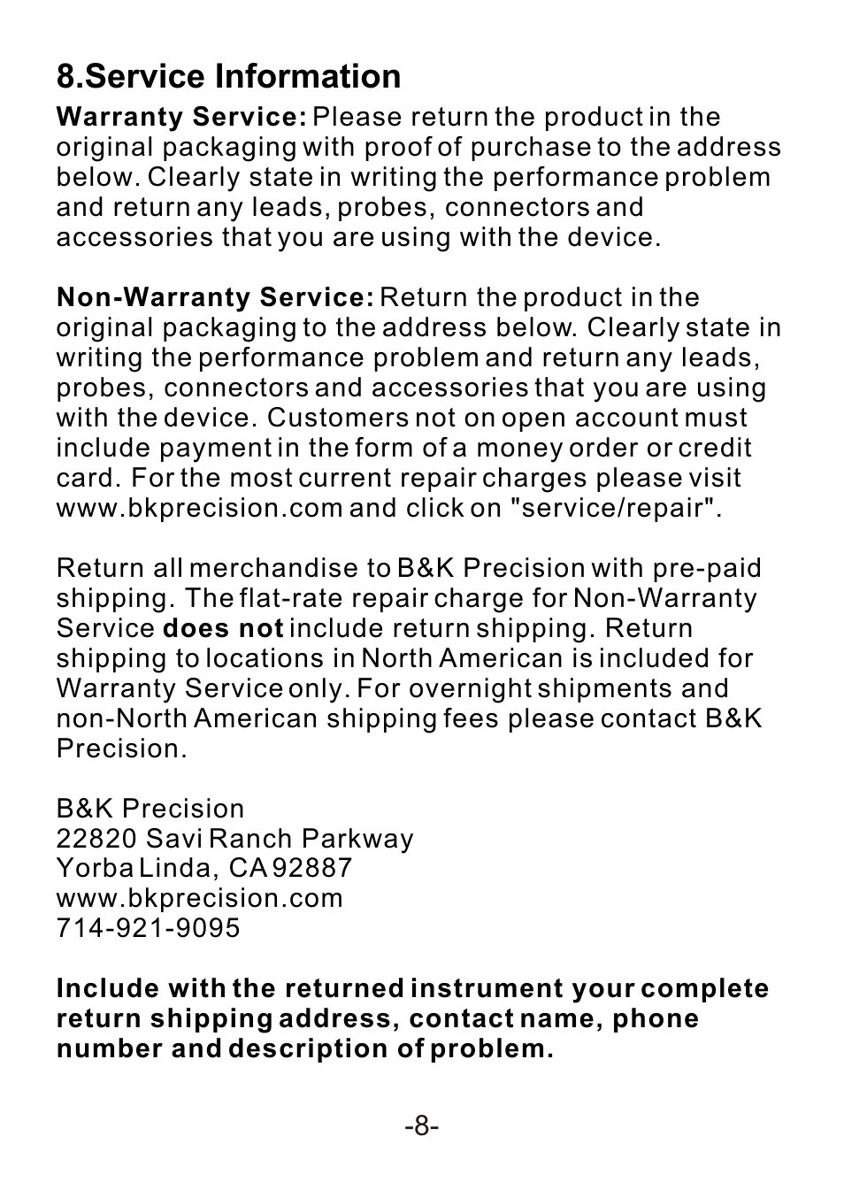 B&k precision, Service information | B&K Precision 309 - Manual User Manual | Page 10 / 11