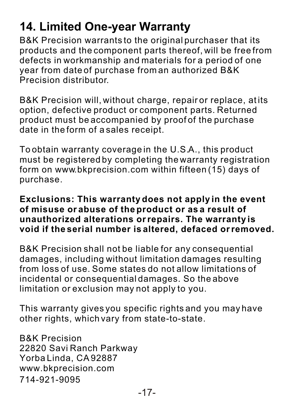 Limited one-year warranty | B&K Precision 307A - Manual User Manual | Page 19 / 21