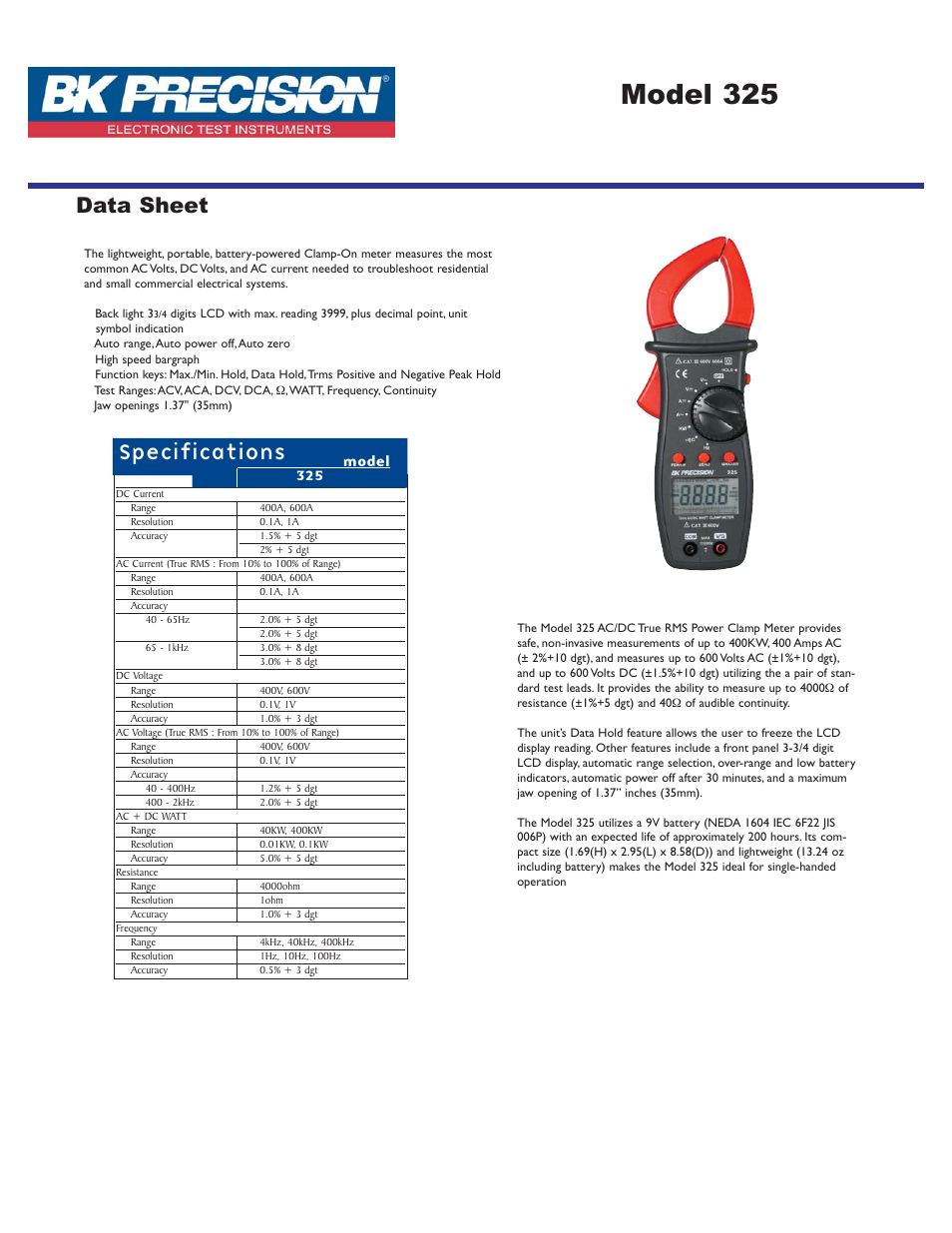 B&K Precision 325 - Datasheet User Manual | 1 page