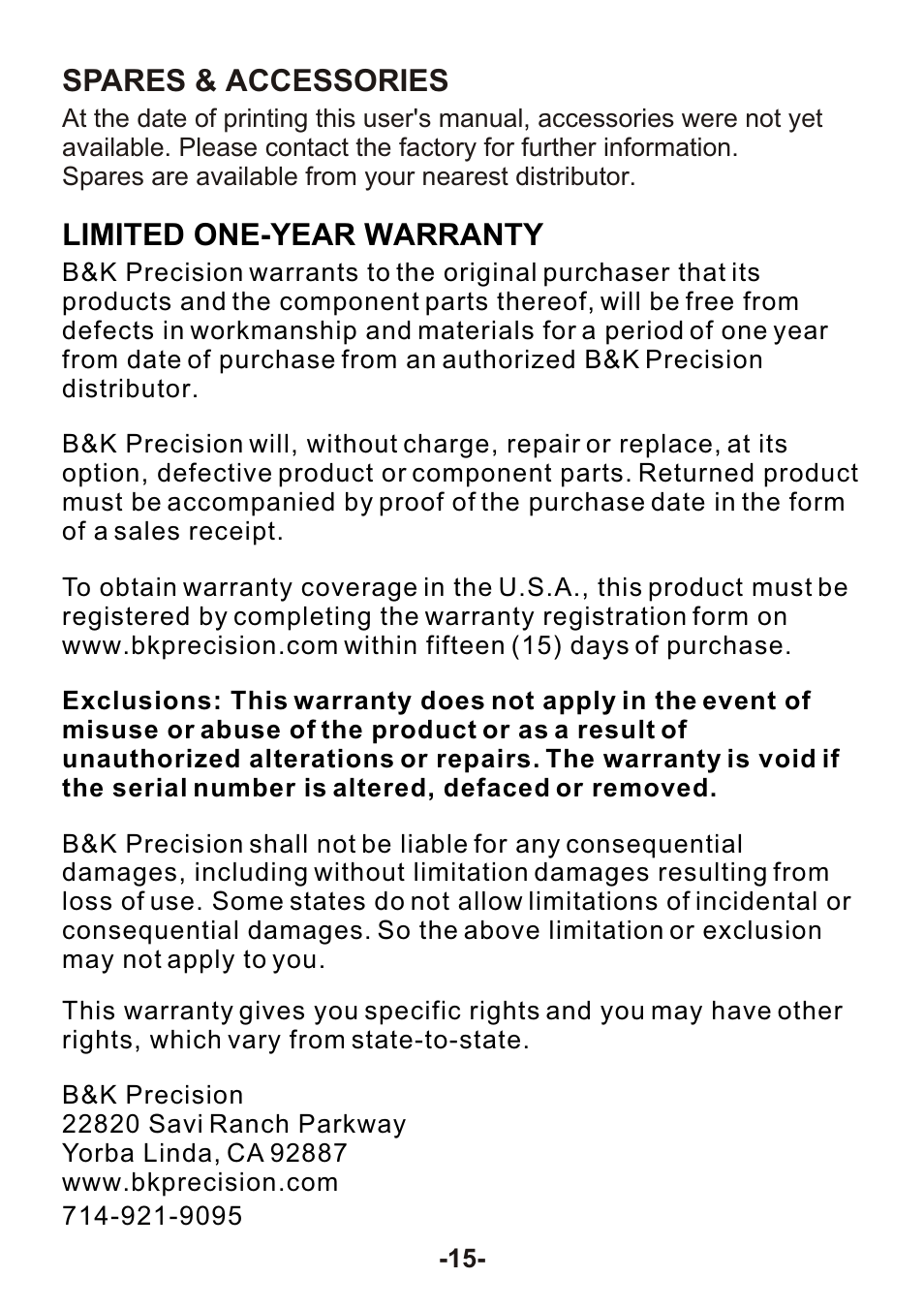 Spares & accessories, Limited one-year warranty | B&K Precision 310 - Manual User Manual | Page 17 / 20