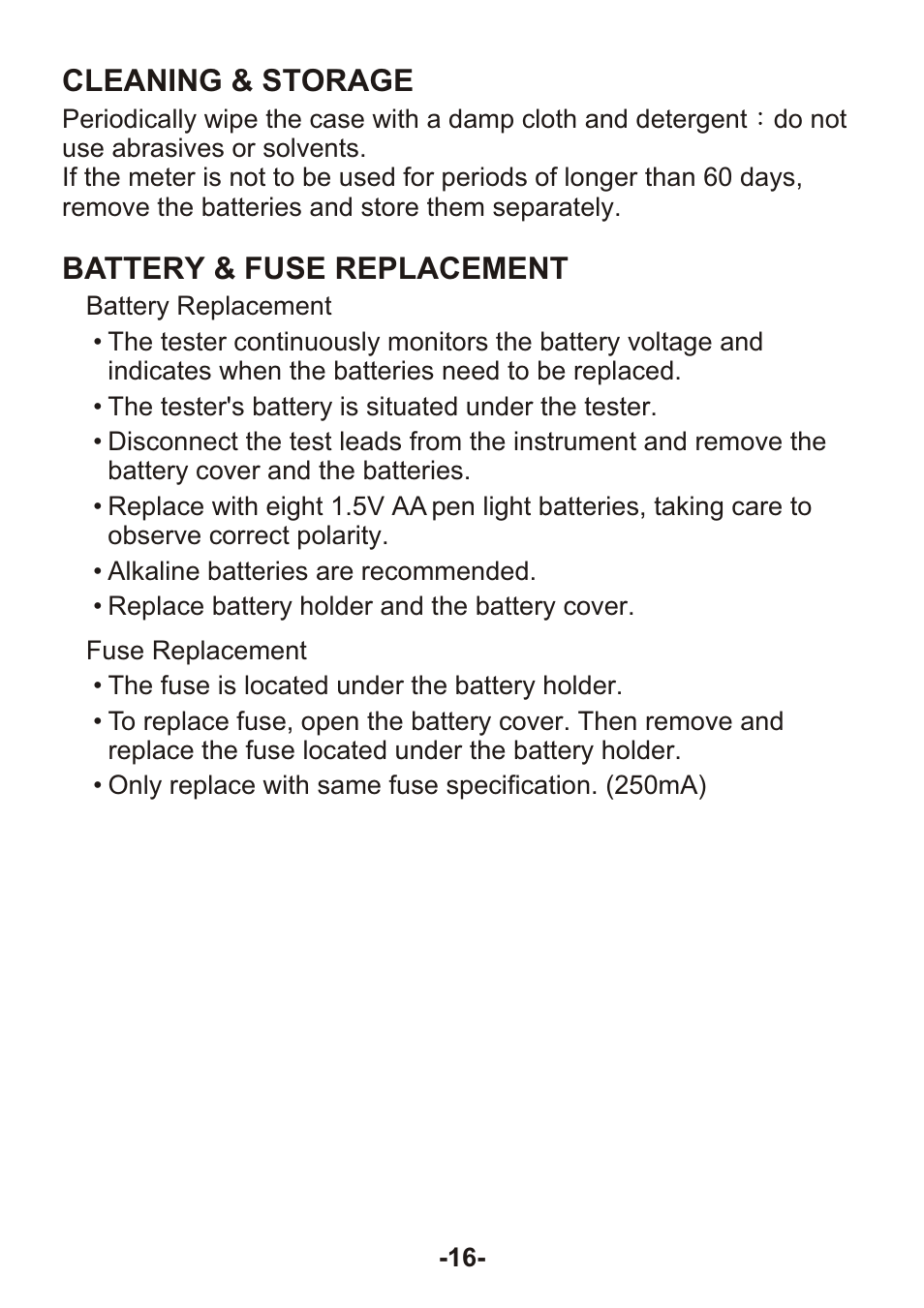 Cleaning & storage, Battery & fuse replacement | B&K Precision 310 - Manual User Manual | Page 18 / 20