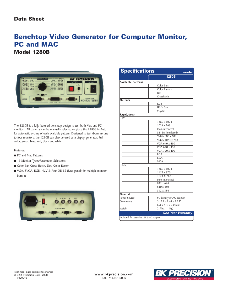 B&K Precision 1280B - Datasheet User Manual | 1 page