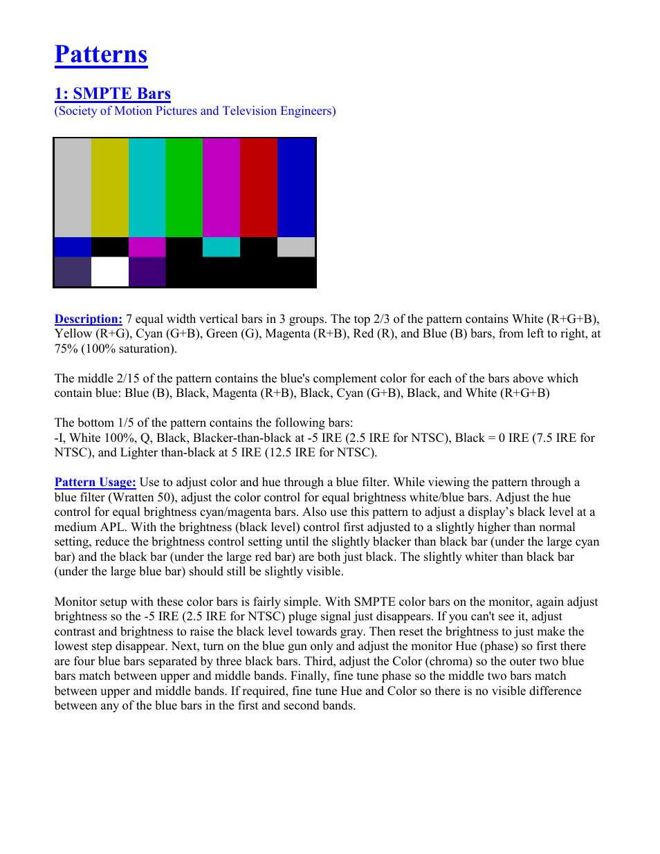 Patterns, Smpte bars | B&K Precision 1253 - Manual User Manual | Page 7 / 37