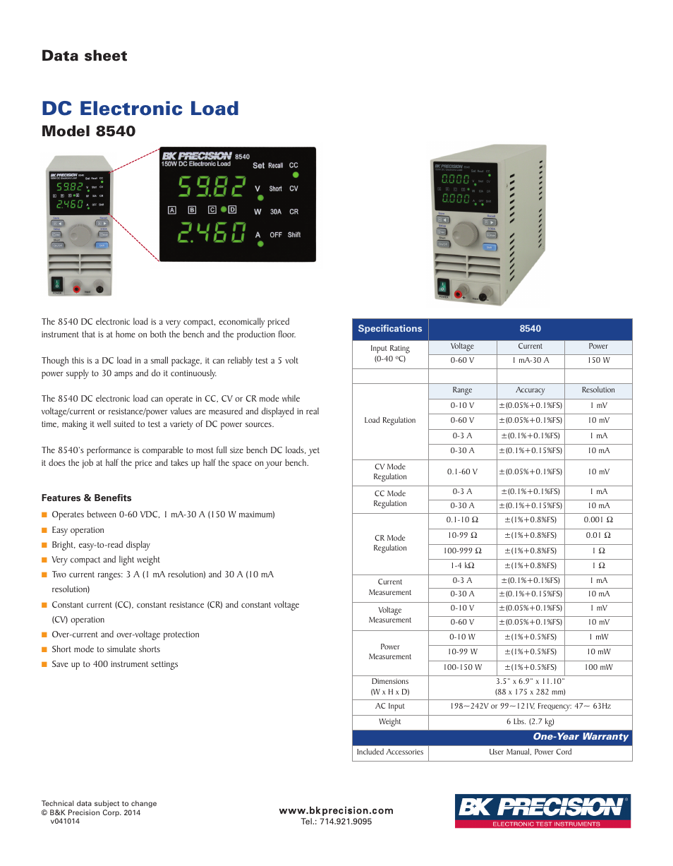 B&K Precision 8540 - Datasheet User Manual | 1 page