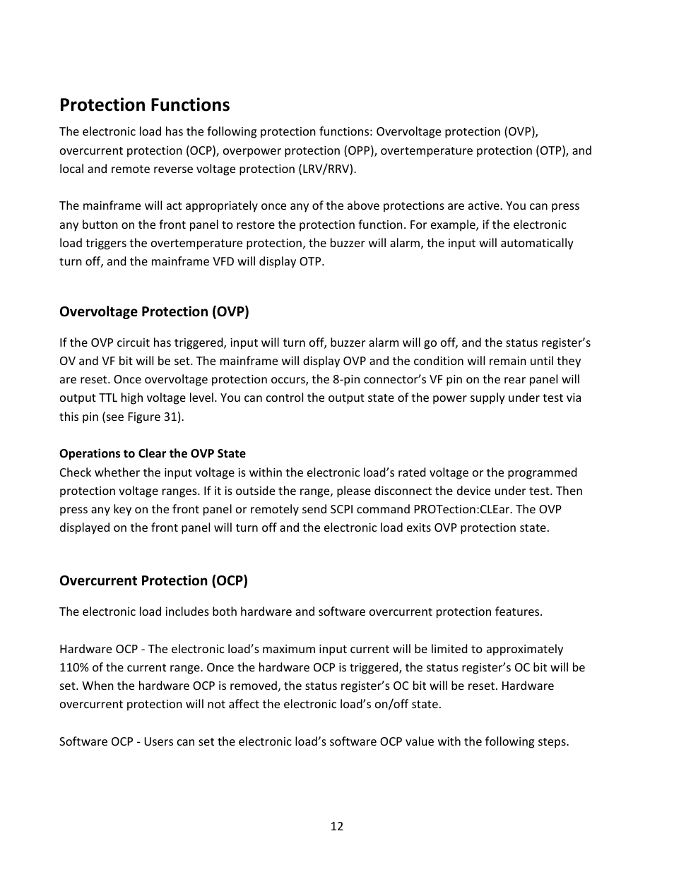 Protection functions, Overvoltage protection (ovp), Overcurrent protection (ocp) | B&K Precision MDL Series - Manual User Manual | Page 12 / 80