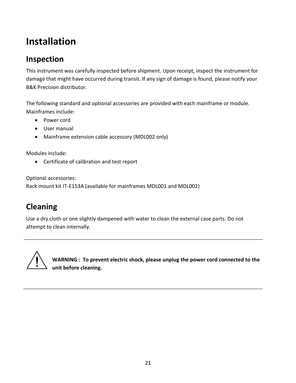 Installation, Inspection, Cleaning | Installing modules | B&K Precision MDL Series - Manual User Manual | Page 21 / 80