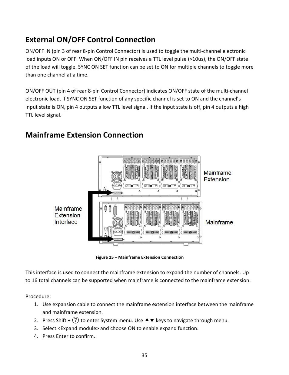 External on/off control connection, Mainframe extension connections, Mainframe extension connection | B&K Precision MDL Series - Manual User Manual | Page 35 / 80